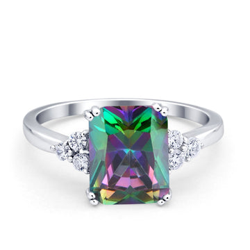 Art Deco Emerald Cut Wedding Ring Simulated Rainbow CZ 925 Sterling Silver